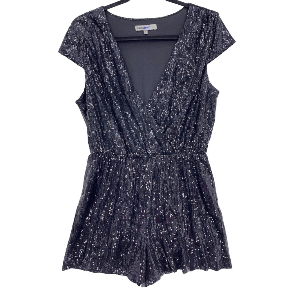 Bailey Blue Black Sequin Romper L V-Neck Cap Sleeve Sparkle Party Night Out